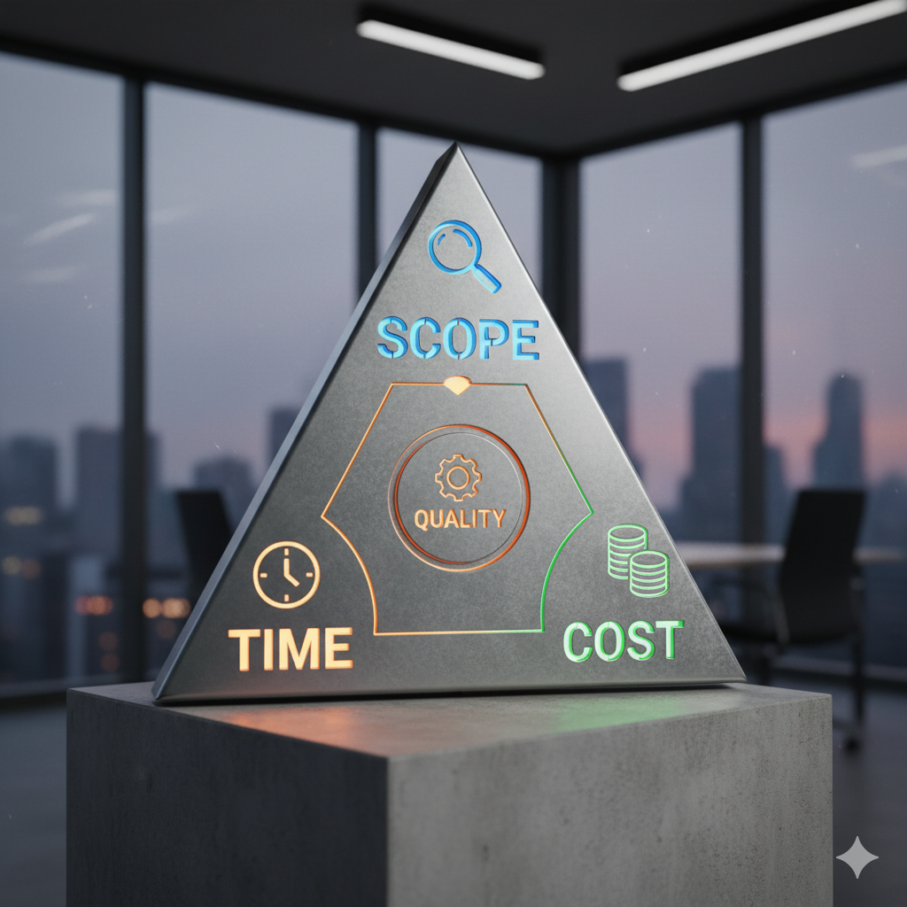 The triple constraint pyramid showing Scope, Time, and Cost as interconnected boundaries. Change one, and at least one other must adjust.